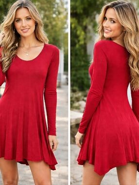 Mexicali Blues Size S/M Red Flowy Swing Dress | Long Sleeve Boho Casual Tunic |
